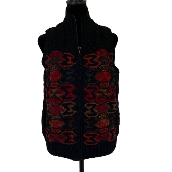 Harolds Womens Zip Front Black Knit Sweater Vest Size M Red Brown Design Cable - Picture 1 of 9